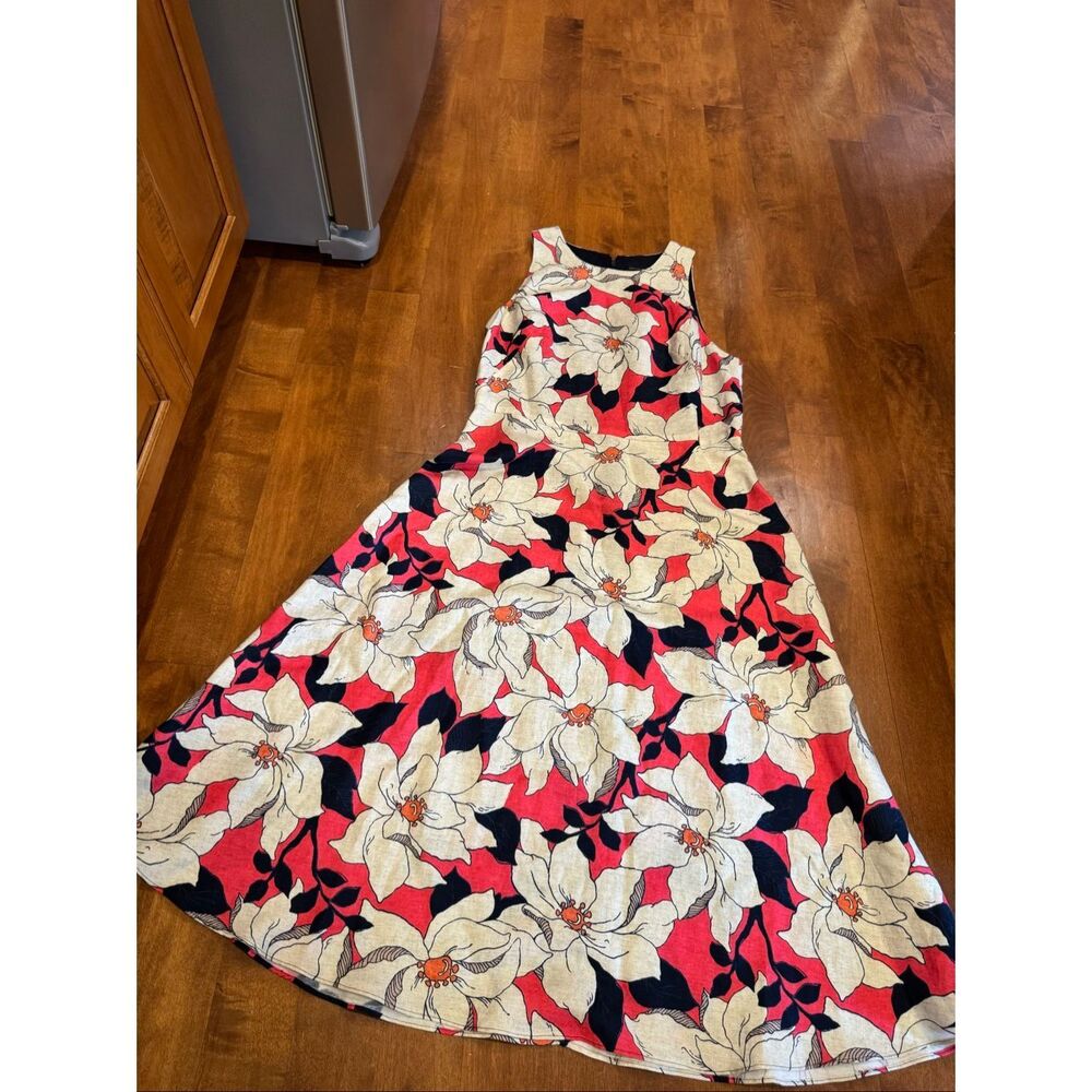 Ann Taylor Linen Blend Floral Midi Dress Size 8 Sleeveless A-Line Summer Lined
